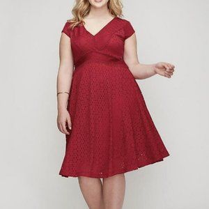 Plus Size V-Neck Lace Fit & Flare Dress in Raspberry Red